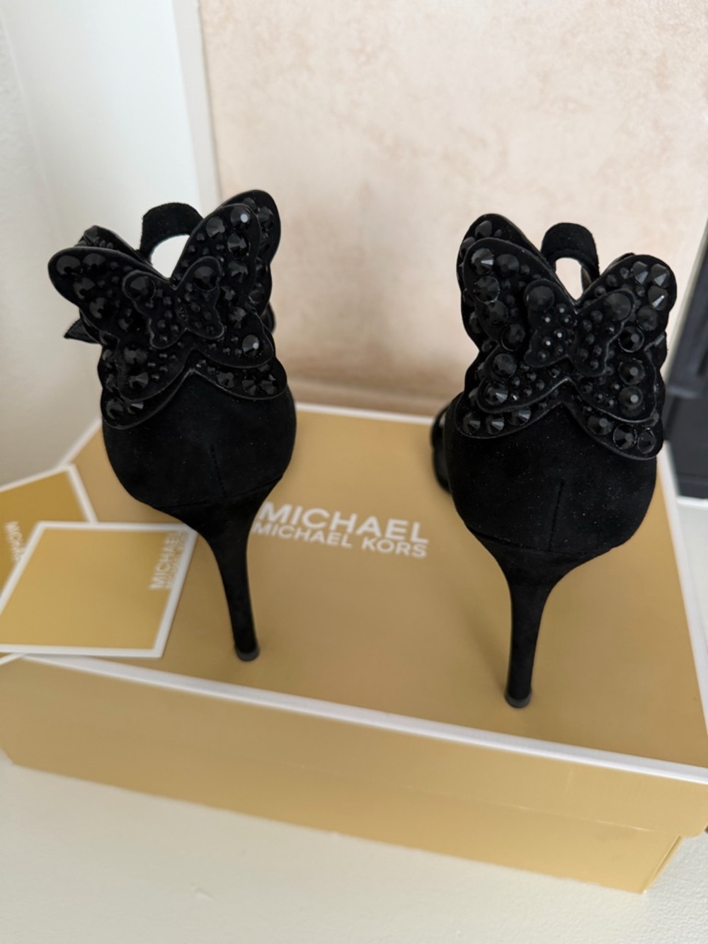 Michael Kors Black Suede Butterfly-Embellished Beverly Stiletto Heels